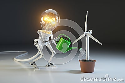 Robot lamp watering wind generator in a pot. The concept of environmental protection Stock Photo