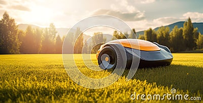 robot lawn mower on green grass. banner with copy space Stock Photo