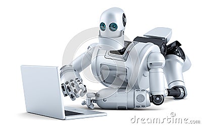 Robot laying on floor with laptop. Isolated. Contains clipping path Stock Photo