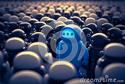 Robot leader among the crowd of robots. Created with Generative AI technology Stock Photo