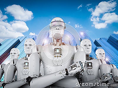 Robot leader with team Stock Photo