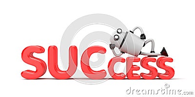 The robot lies on the word success Cartoon Illustration