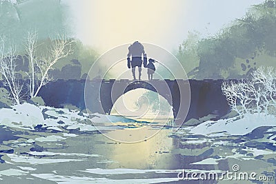 Robot and little girl standing on bridge in winter Cartoon Illustration