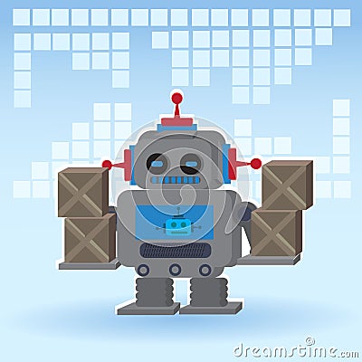 Robot loader. Technology to help person. Use of mechanisms in production. Cartoon character made of iron. Vector illustration. Vector Illustration