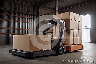 robot, loading heavy boxes into shipping container, using built-in forklift Stock Photo