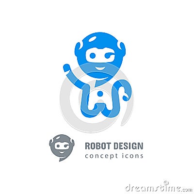 Robot logo, Astronaut-robot waving his hand. Computer technologies, robotics logotype, Modern chat app icon. Vector Vector Illustration