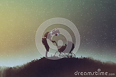 Robot looking at baby in a stroller against starry sky Cartoon Illustration