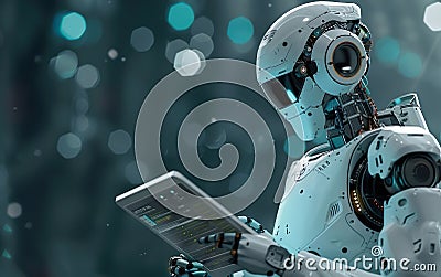 Robot looking for information on a tablet. AI centered world concept. Neural networks, deep learning, tech savvy, augmented Stock Photo