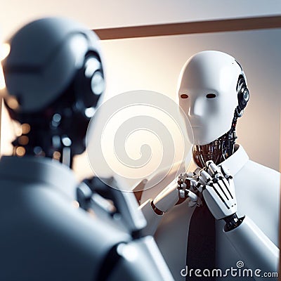 A robot looking in a mirror, adjusting its tie. Generative Ai. Stock Photo