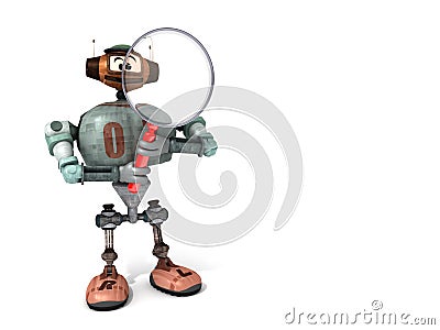 Robot Looking Through a Magnifying Glass Stock Photo