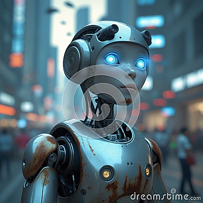 The robot looks at the world. Ultra realistic, volume, path, 3D rendering Stock Photo