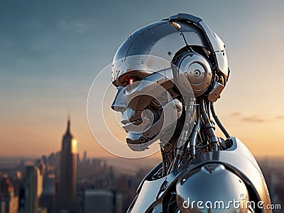 The robot looks at the world. Ultra realistic, volume, path, 3D rendering Stock Photo