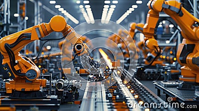Robot machine arm working and check electronic part at production line. AIG42. Stock Photo