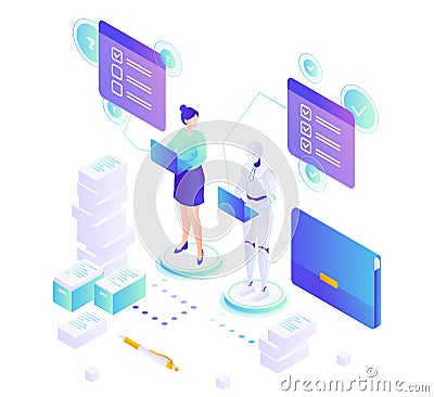 Robot machine doing work quickly than human, vector isometric illustration. Robots superiority. Automation. AI vs human. Vector Illustration