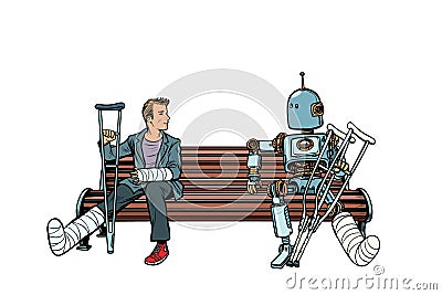 A robot and a man with broken legs with crutches and in a cast Vector Illustration