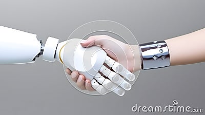 Robot and man hands in handshake. AI technology development and human robot relationships Stock Photo