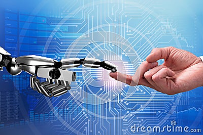 Robot And Man Touching Each Other`s Finger Stock Photo