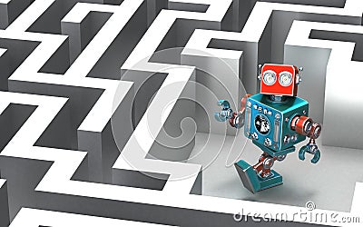 Robot in a maze. Technology concept. Cartoon Illustration