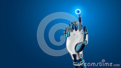 Robot mechanical arm or hand presses the index finger on the button a HUD interface. Bionic prosthesis. Artificial Intelligence Vector Illustration