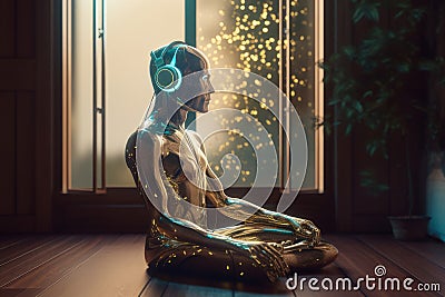 Robot meditating. Generate Ai Stock Photo