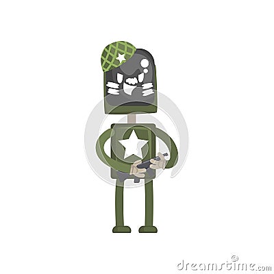 Robot military character, android in green uniform standing with automatic machine in its hands cartoon vector Vector Illustration