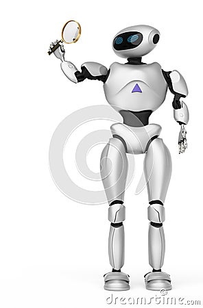 Robot Modern looking through a magnifying glass. innovative cyborg. 3d Render Stock Photo