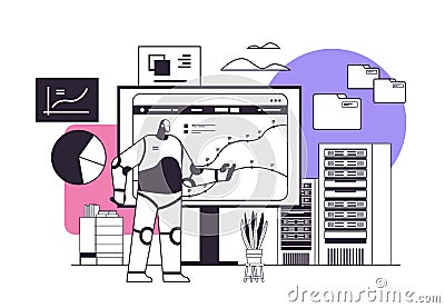 robot monitoring financial statistics data monitor robotic character analyzing graphs and charts artificial intelligence Vector Illustration