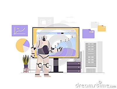 robot monitoring financial statistics data monitor robotic character analyzing graphs and charts artificial intelligence Vector Illustration