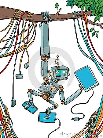 A robot monkey hangs on a tree branch while it is surrounded by a lot of technology. Synthesis of technological Vector Illustration
