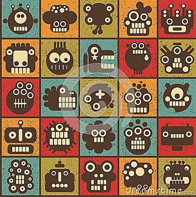 Robot and monsters cell seamless background. Vector Illustration