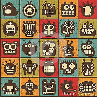 Robot and monsters cell seamless background. Vector Illustration