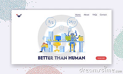Robot Multitasking Landing Page Template. Exhausted Office Worker vs Artificial Intelligence Robot Working Vector Illustration