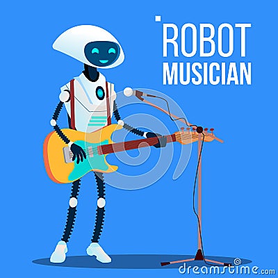 Robot Musician Playing Guitar And Singing Into Microphone Vector. Isolated Illustration Vector Illustration