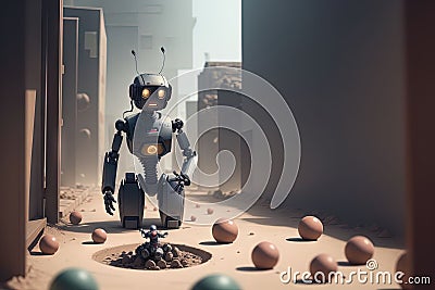 a robot navigating through a complex maze of everyday objects, AI Generated Cartoon Illustration