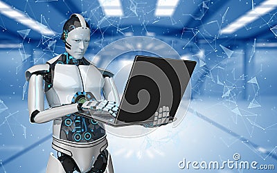 Robot Notebook Networks Futuristic Room Stock Photo