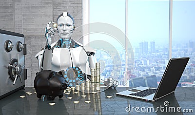 Robot Notebook Safe Piggy Bank Euro Coins Stock Photo