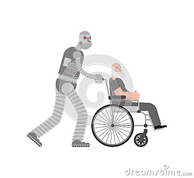 Robot nurse for pensioners. Cyborg helper helps a disabled person on a wheelchair Vector Illustration