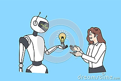 Robot offer lightbulb to female employee Vector Illustration