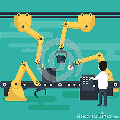 Robot operation of the conveyor Vector Illustration