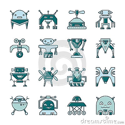 Robot line icon set with displaced fill Vector Illustration