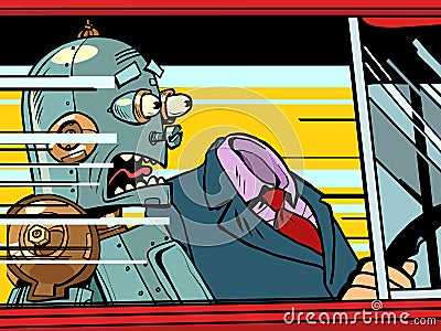 the robot passenger screams in fear. Dangerous driving on the road Vector Illustration