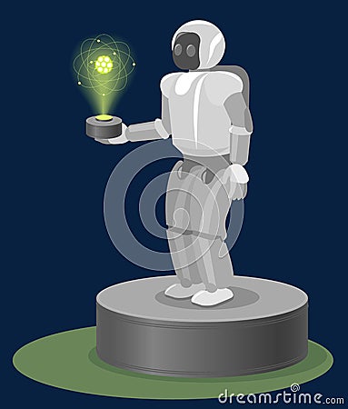 Robot on Pedestal with hologram atom structure his hand Vector Illustration