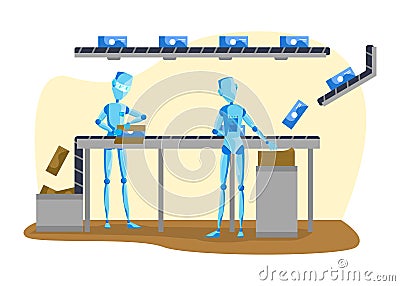 Robot and people vector illustration, cartoon flat machine working on conveyor belt, packing products from transporter Vector Illustration