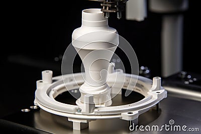 robot performing complex assembly of 3d printed part, with view of final product visible Stock Photo