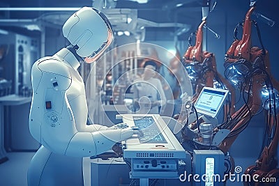 The Robot Performs Precise Work in the Laboratory extreme closeup. Generative AI Stock Photo