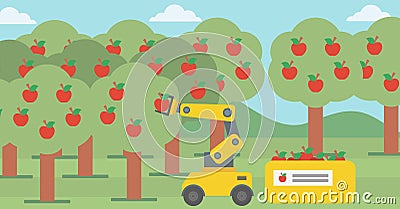 Robot picking apples at harvest time. Vector Illustration