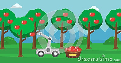 Robot picking apples at harvest time. Vector Illustration