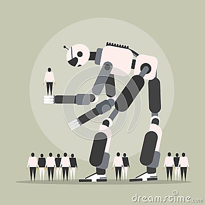 A big robot picking humans in its hand Vector Illustration