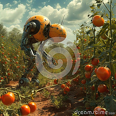 Robot picking tomatos from hydroponic farm Stock Photo