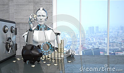 Robot Piggy Bank Euro Coins Safe Stock Photo